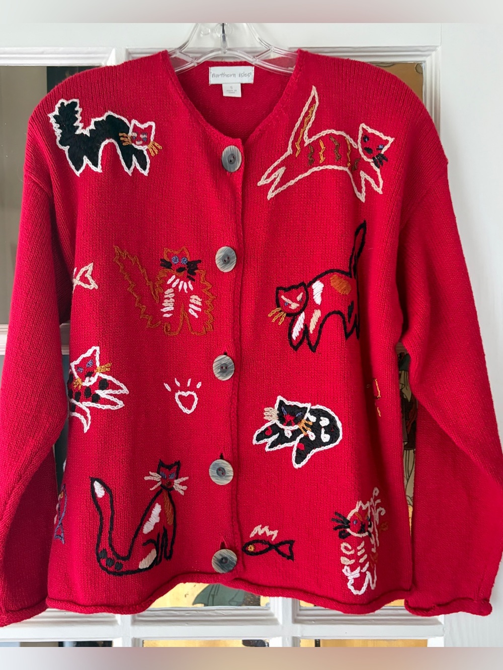 VTG Northern Isles Red Knit Embroidery Cats Cardigan Sweater S Ramie Cotton